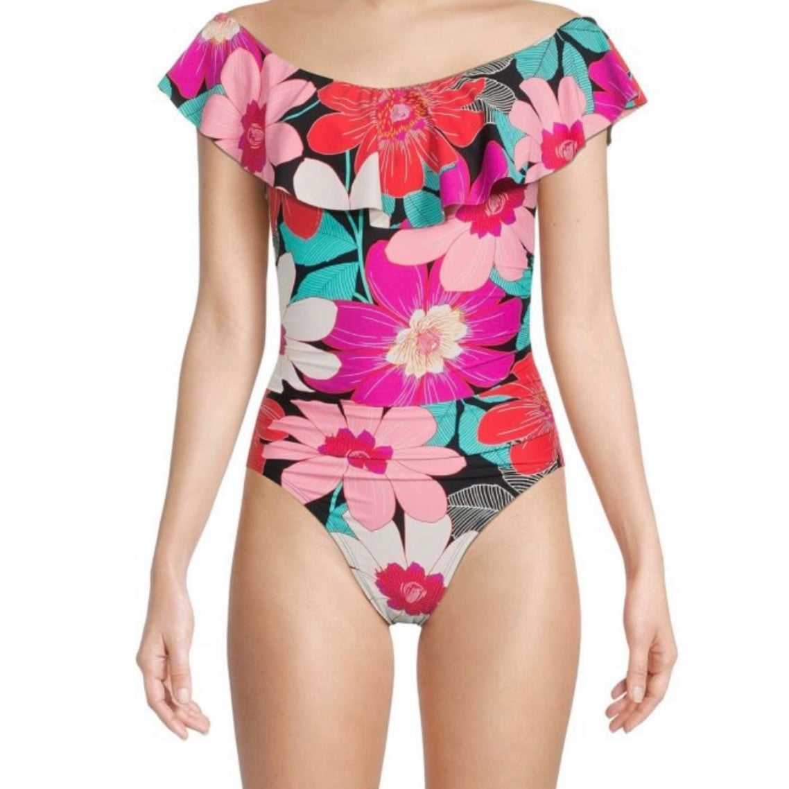 Floral Print/Multi Off-The-Shoulder Ruffled One-Piece Swimsuit Women's Swimwear