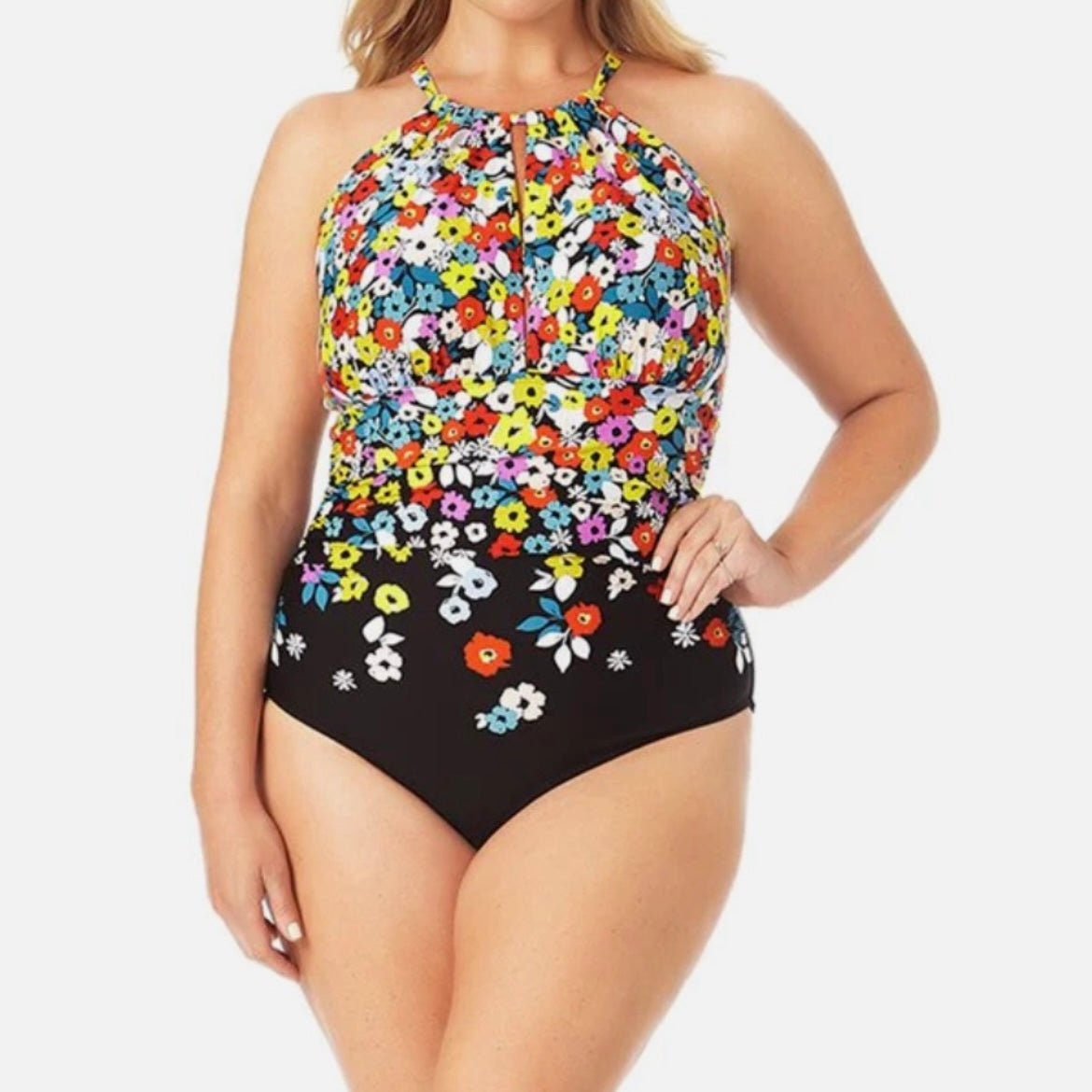 Ditsy Black/Floral Print High-Neck One-Piece Swimsuit Women's Swimwear
