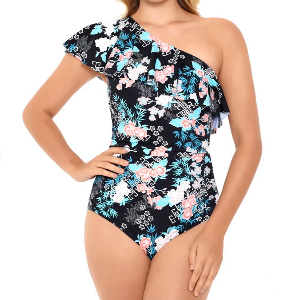 Multicolor Tummy Control One Shoulder One Piece Size 14 Women's Swimwear