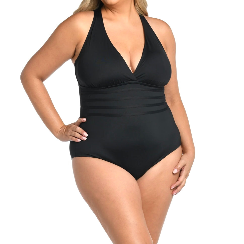 Island Goddess Black Tummy-Control Strappy One Piece Women's Swimwear