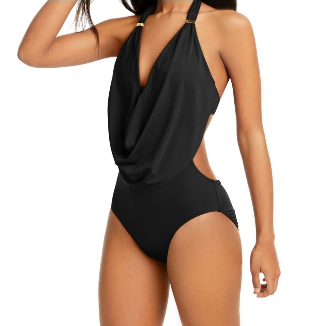 Core Solids Black Cowl Neck One-Piece Swimsuit Size S Women's Swimwear