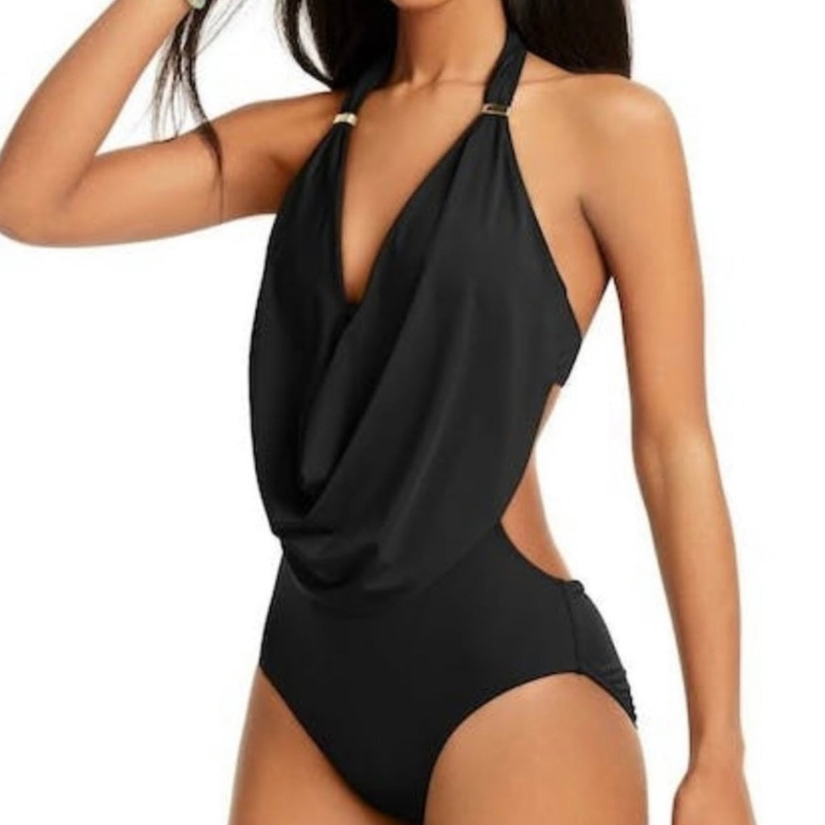 Core Solids Black Cowl Neck One-Piece Swimsuit Size S Women's Swimwear