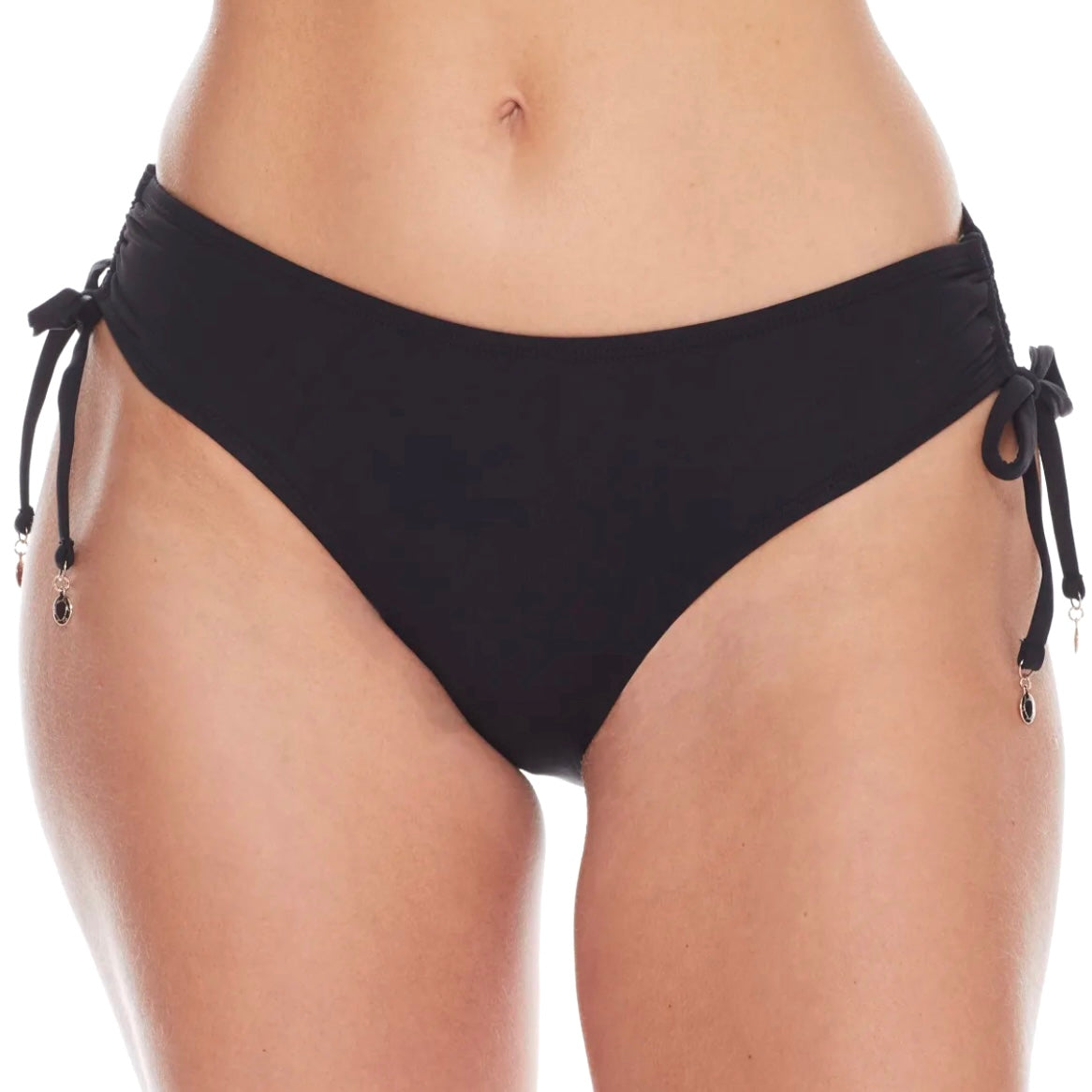 Ruched-Side Tie Black Bikini Bottoms Size L Women's Swimwear