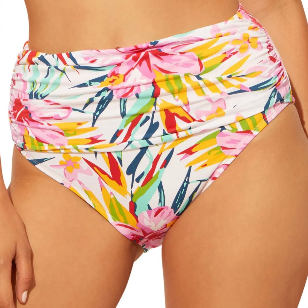 Shirred Side High-Waist Floral Multi Bikini Bottoms Size L Women's Swimwear