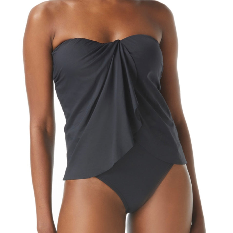 Black Draped Bandeau Strapless Tankini Swim Top Size S Women'S Swimwear