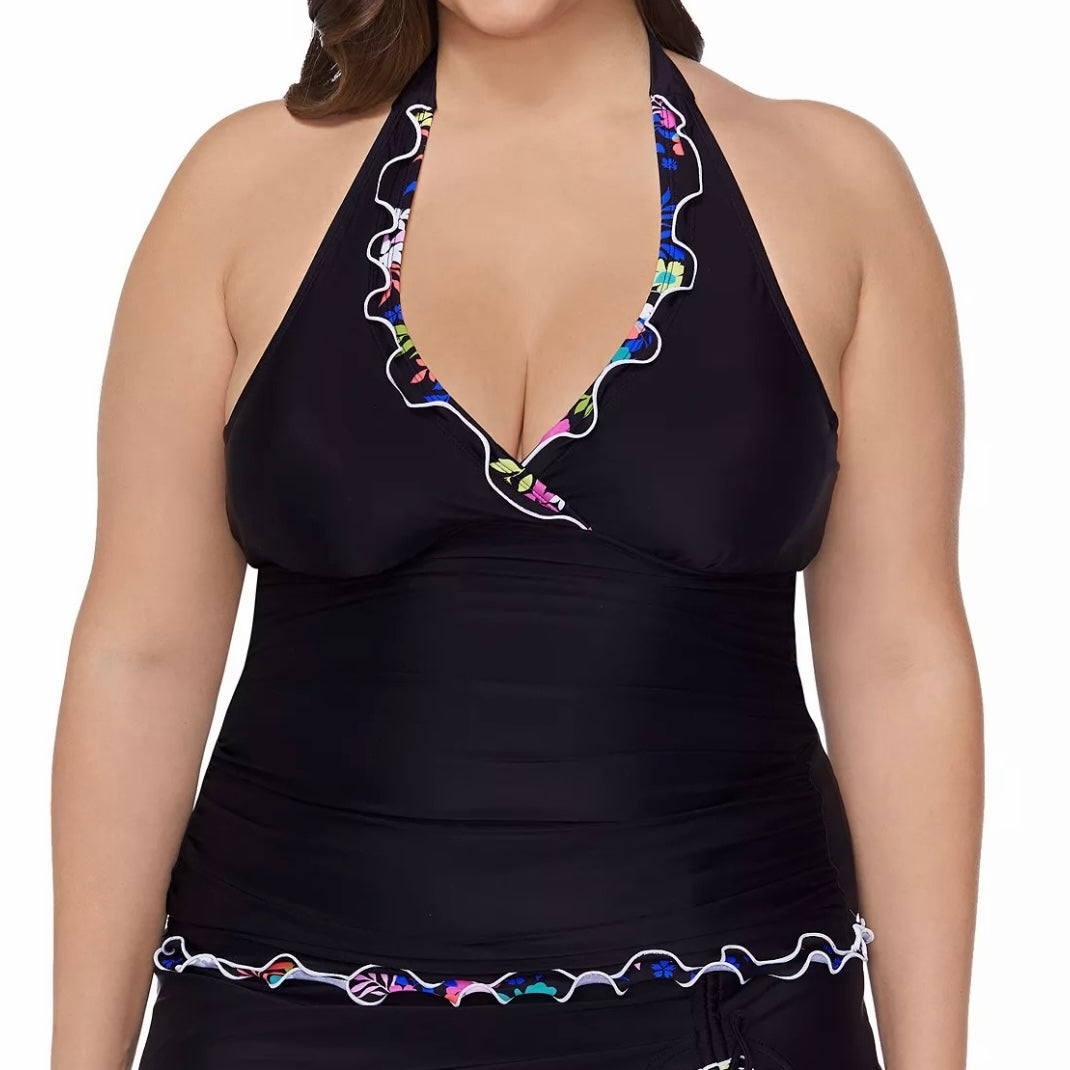 Halter-Neck Underwire Black Plus Size 16W Tankini Swim Top Women's Swimwear