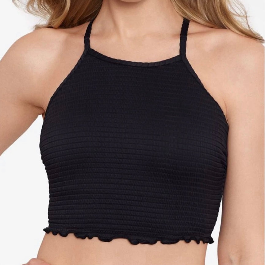 Seersucker Lace-Up Back High Neck Black Women's Crop Top