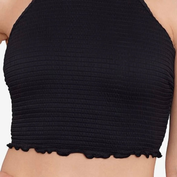 Seersucker Lace-Up Back High Neck Black Women's Crop Top