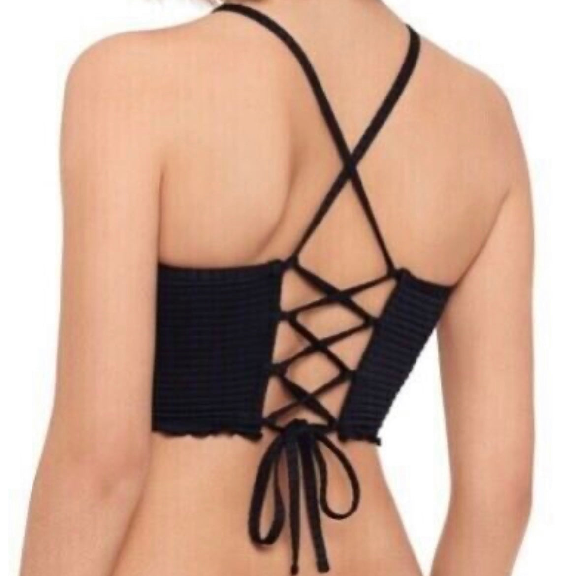 Seersucker Lace-Up Back High Neck Black Women's Crop Top