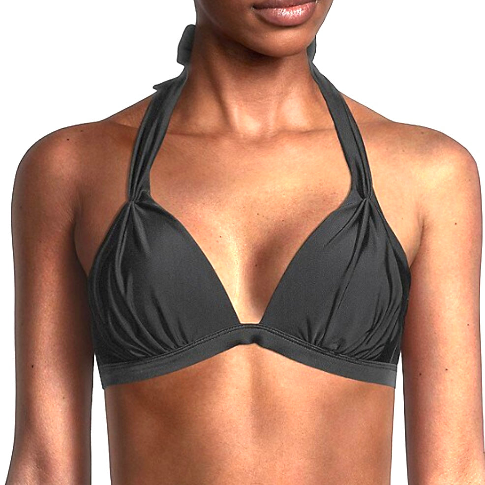 Halter Neck Black Solid Bikini Top Size L Women's Swimwear