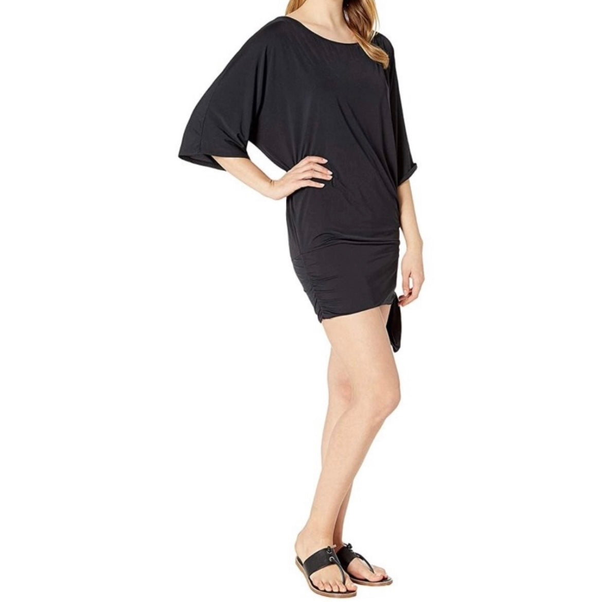 Side-Tie Tunic Swim Black Wide-Round Neck Size M Women's Cover Up