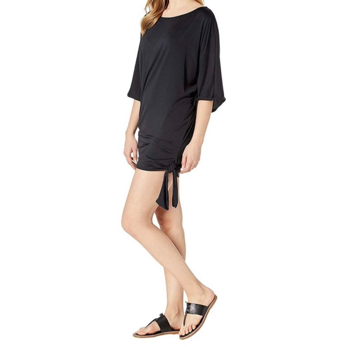 Side-Tie Tunic Swim Black Wide-Round Neck Size M Women's Cover Up