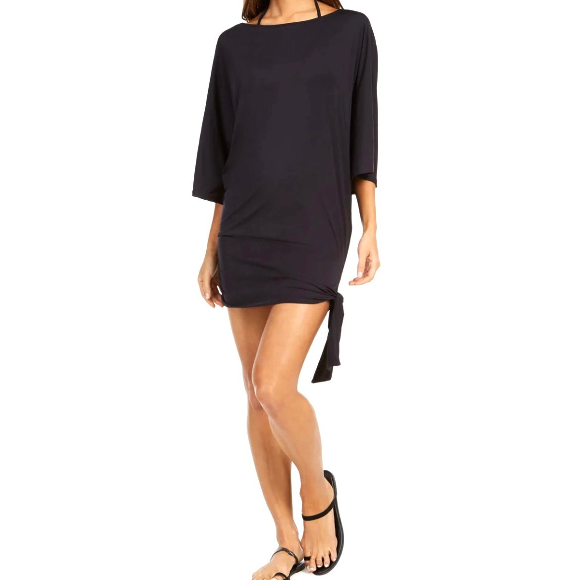 Side-Tie Tunic Swim Black Wide-Round Neck Size M Women's Cover Up