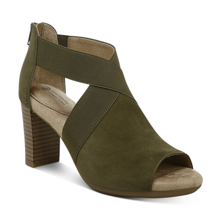 AVERIEL Shooties Olive Suede Block Heels Memory Foam Women's Sandals