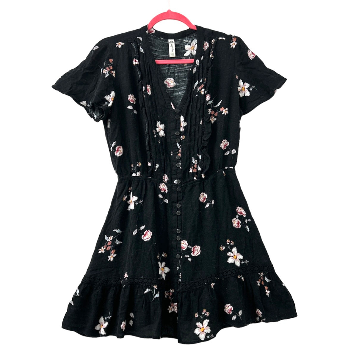 Black Floral Fit & Flare Split Neckline Short Sleeve Size M Women's Dress