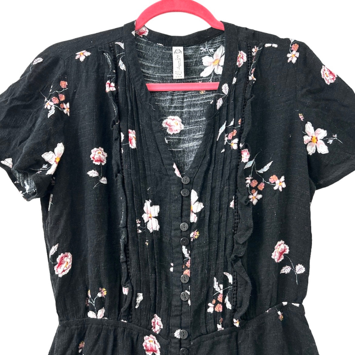 Black Floral Fit & Flare Split Neckline Short Sleeve Size M Women's Dress