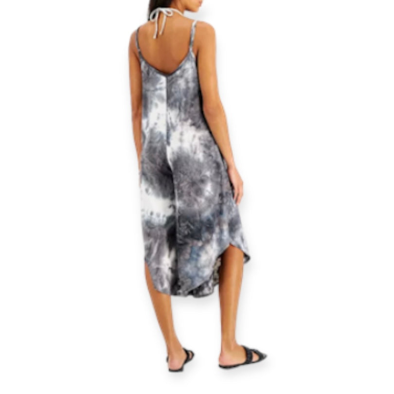 Tie-Dyed Print Flowy Cropped Jumpsuit Charcoal Gray Size L Women's Cover Up