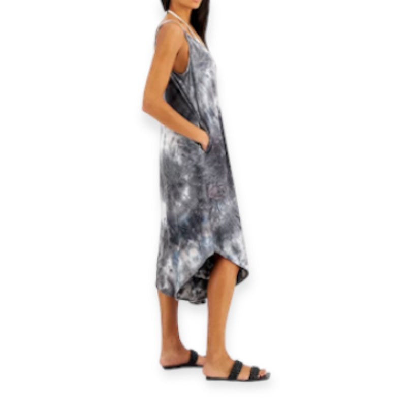 Tie-Dyed Print Flowy Cropped Jumpsuit Charcoal Gray Size L Women's Cover Up