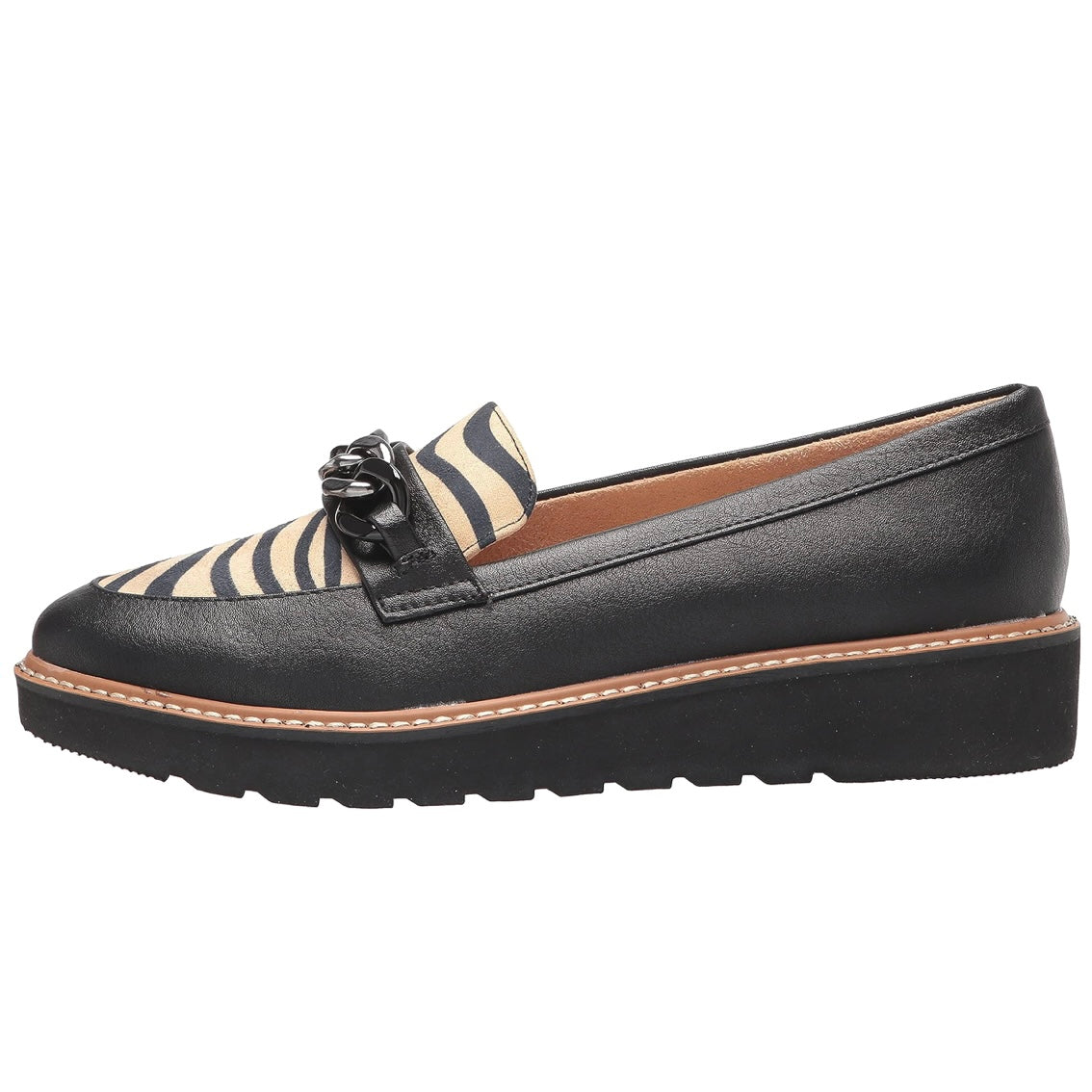 EMMAL Black/Leopard Slip On Lug Sole Size 6 Women's Loafers