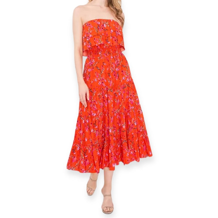 Women's Strapless Ruffle Midi Dress Orange Multi