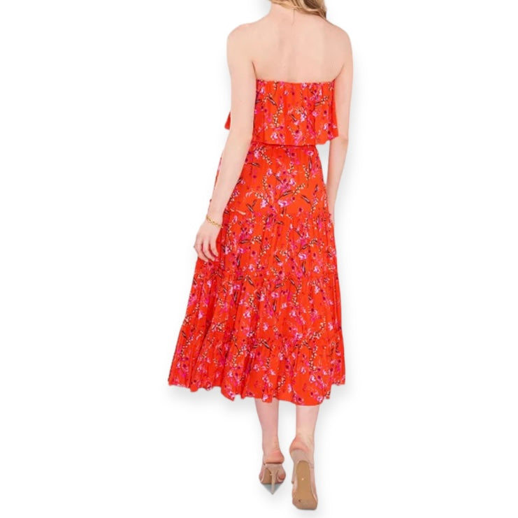 Women's Strapless Ruffle Midi Dress Orange Multi