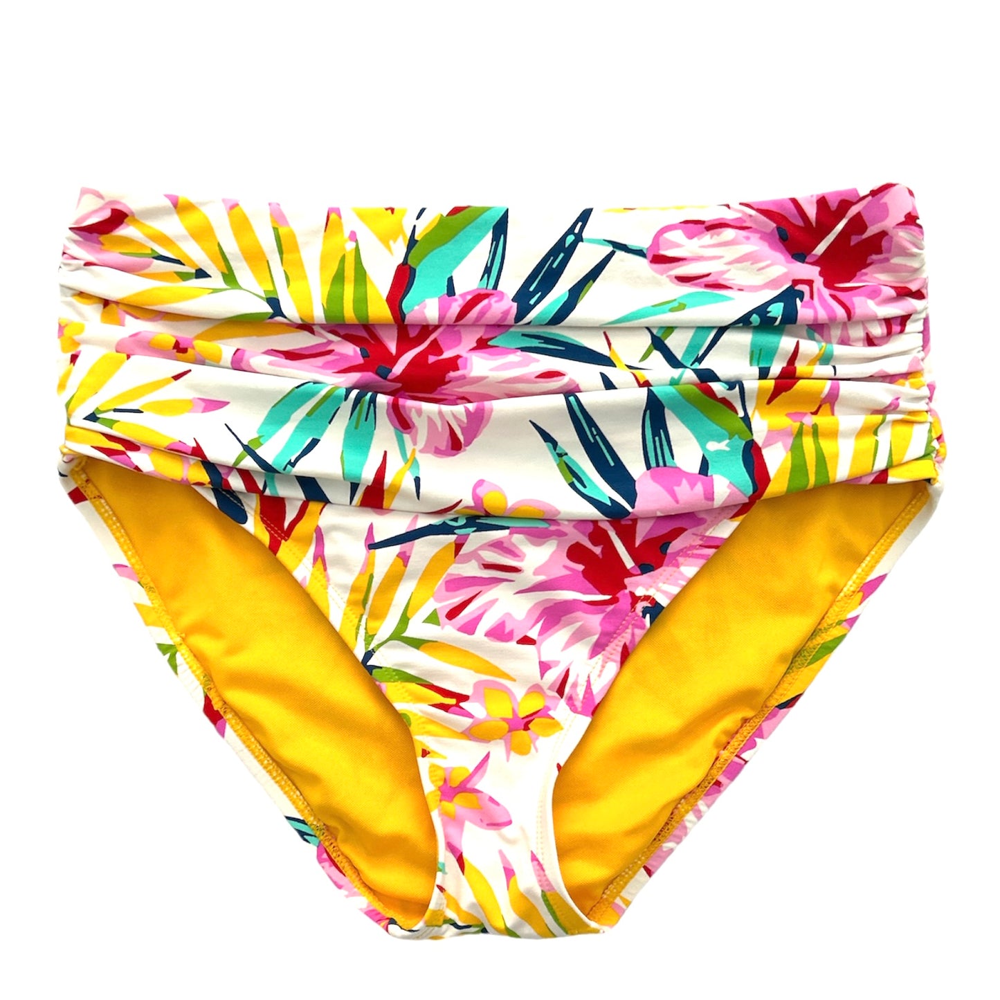 Shirred Side High-Waist Floral Multi Bikini Bottoms Size L Women's Swimwear