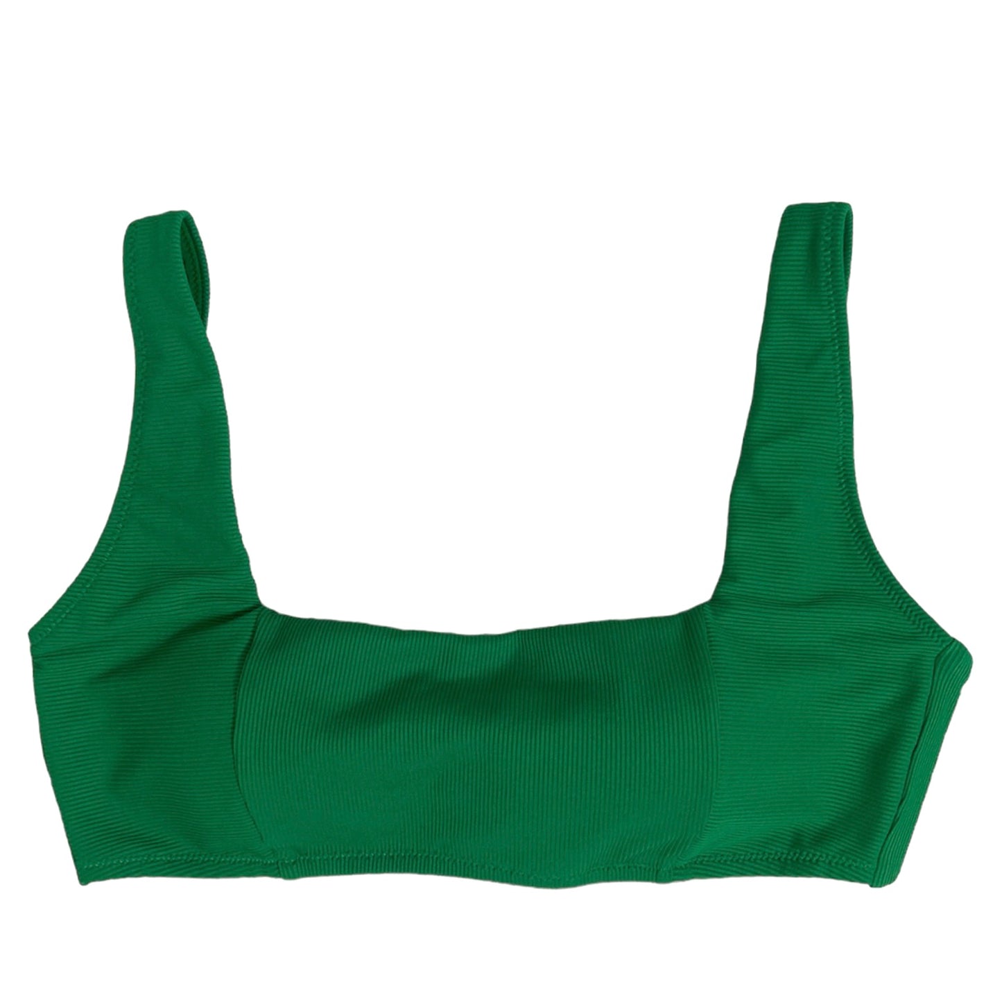 Micro Rib Square Neck Shoulder Straps Green Bikini Top Women's Swimwear