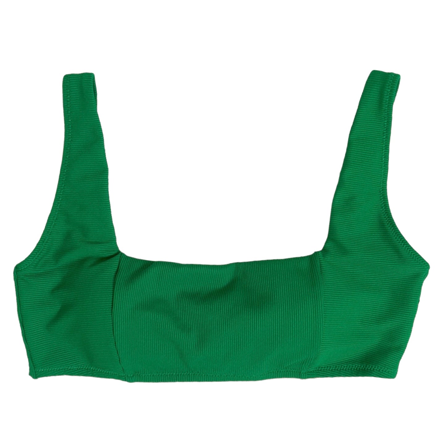 Micro Rib Square Neck Shoulder Straps Green Bikini Top Women's Swimwear