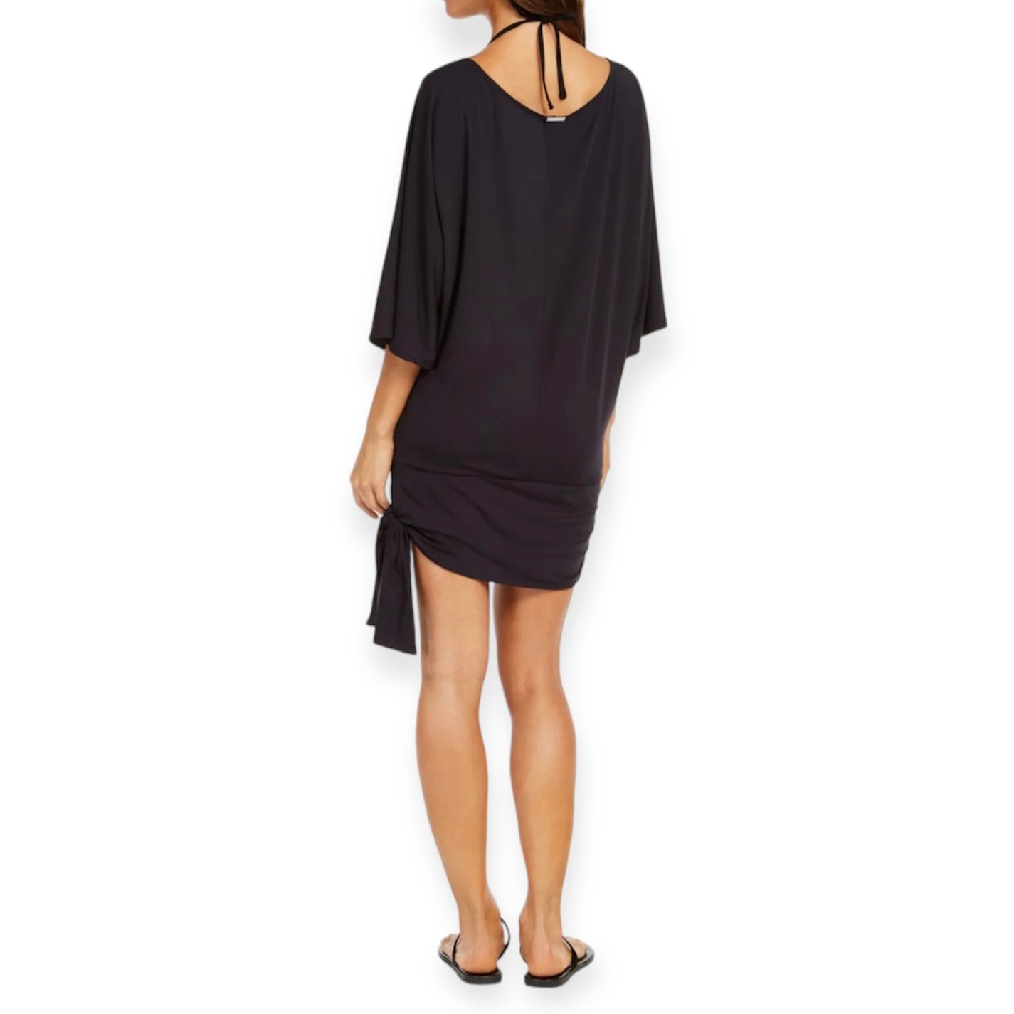 Side-Tie Tunic Swim Black Wide-Round Neck Size M Women's Cover Up