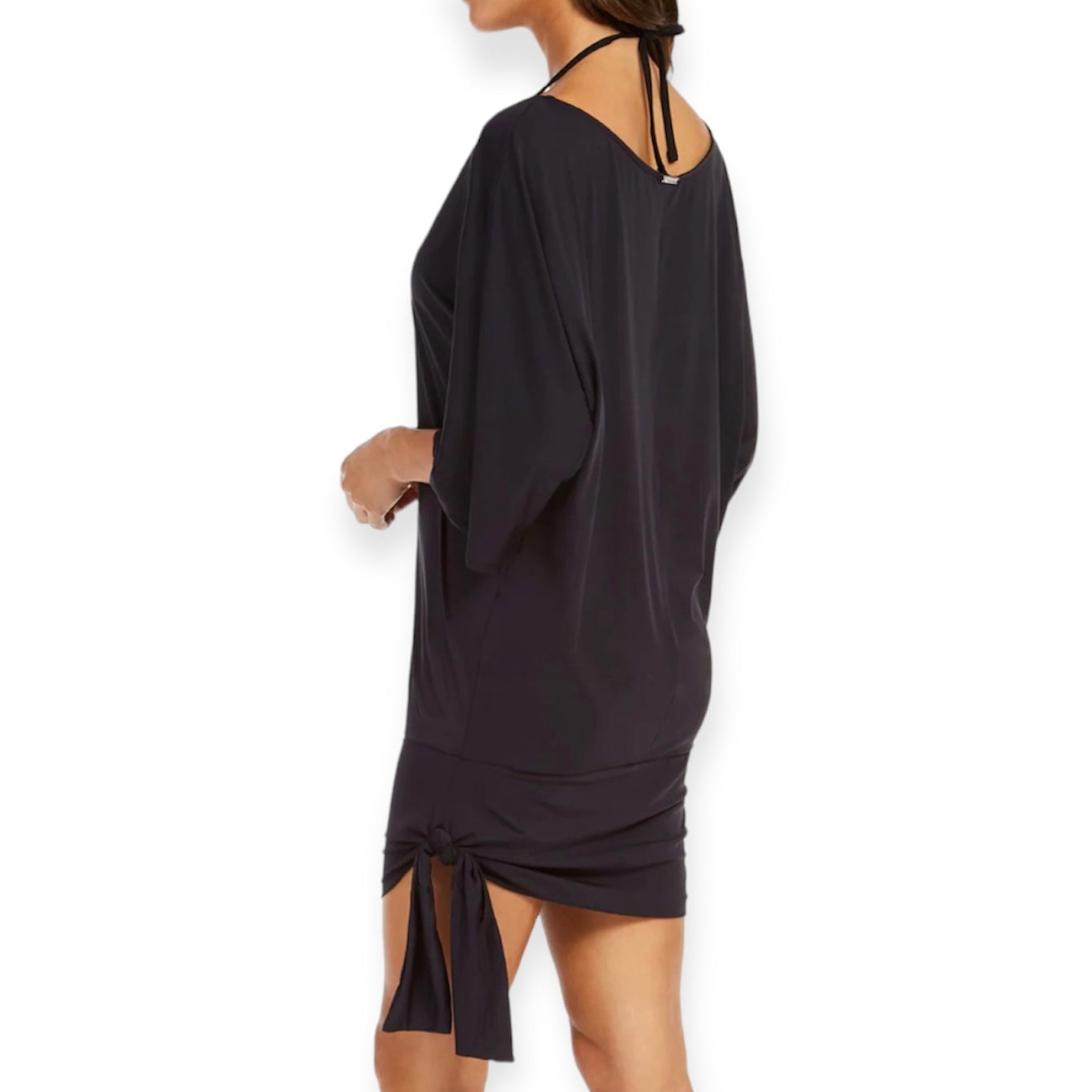 Side-Tie Tunic Swim Black Wide-Round Neck Size M Women's Cover Up