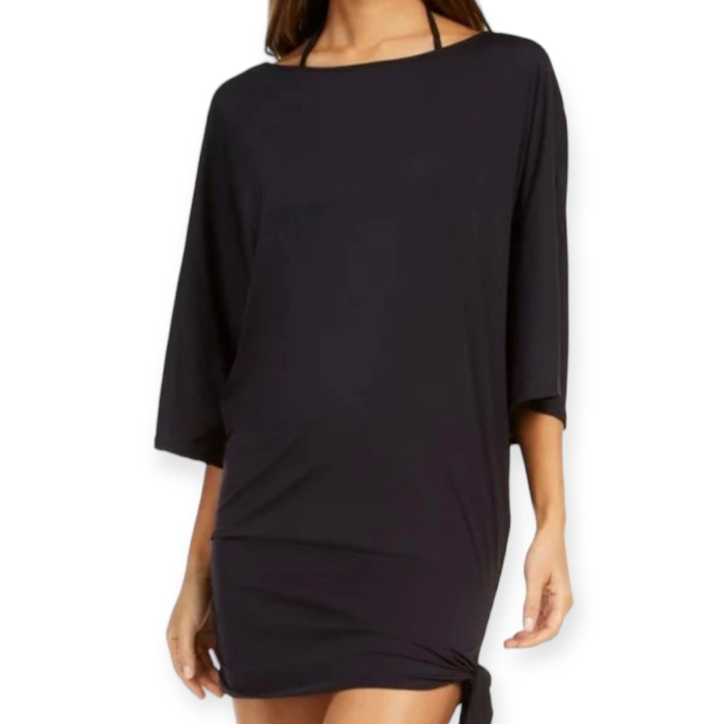 Side-Tie Tunic Swim Black Wide-Round Neck Size M Women's Cover Up