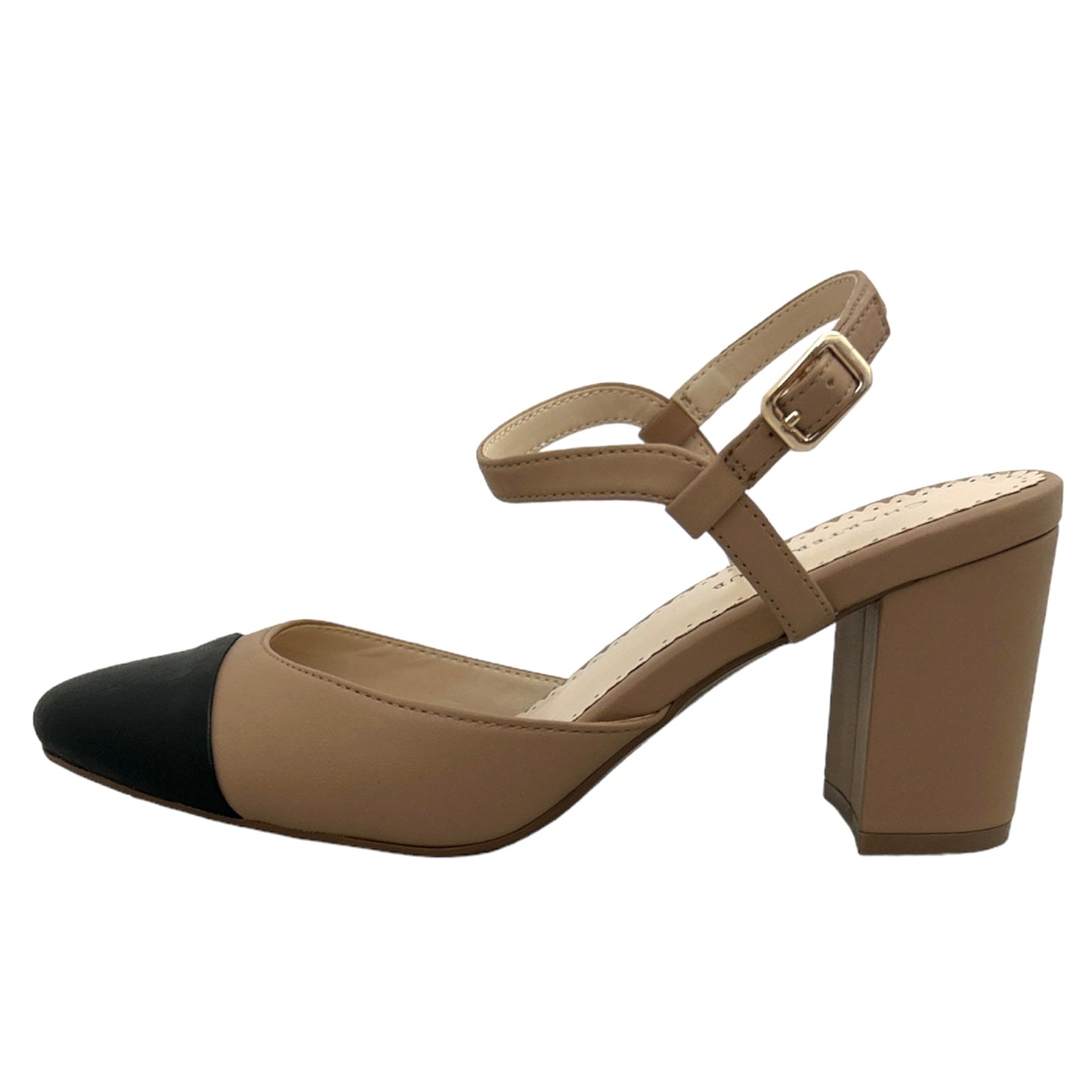 DOTTII Nude/Black Round Toe Block Heels Size 7 Women's Pumps