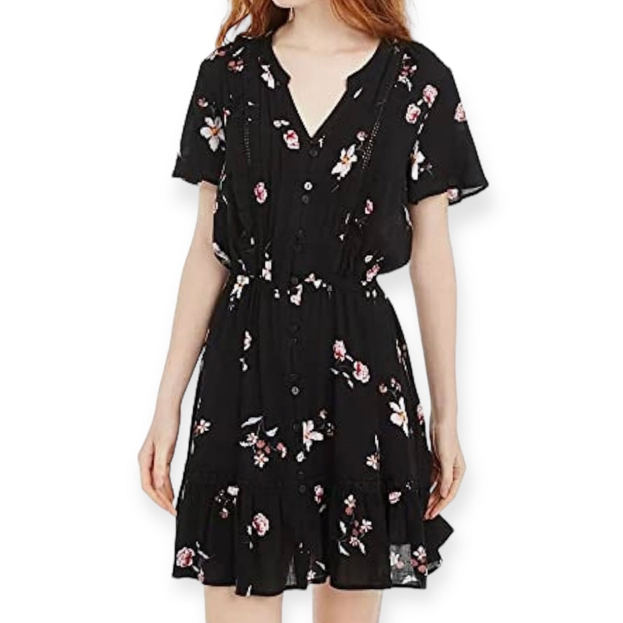 Black Floral Fit & Flare Split Neckline Short Sleeve Size M Women's Dress