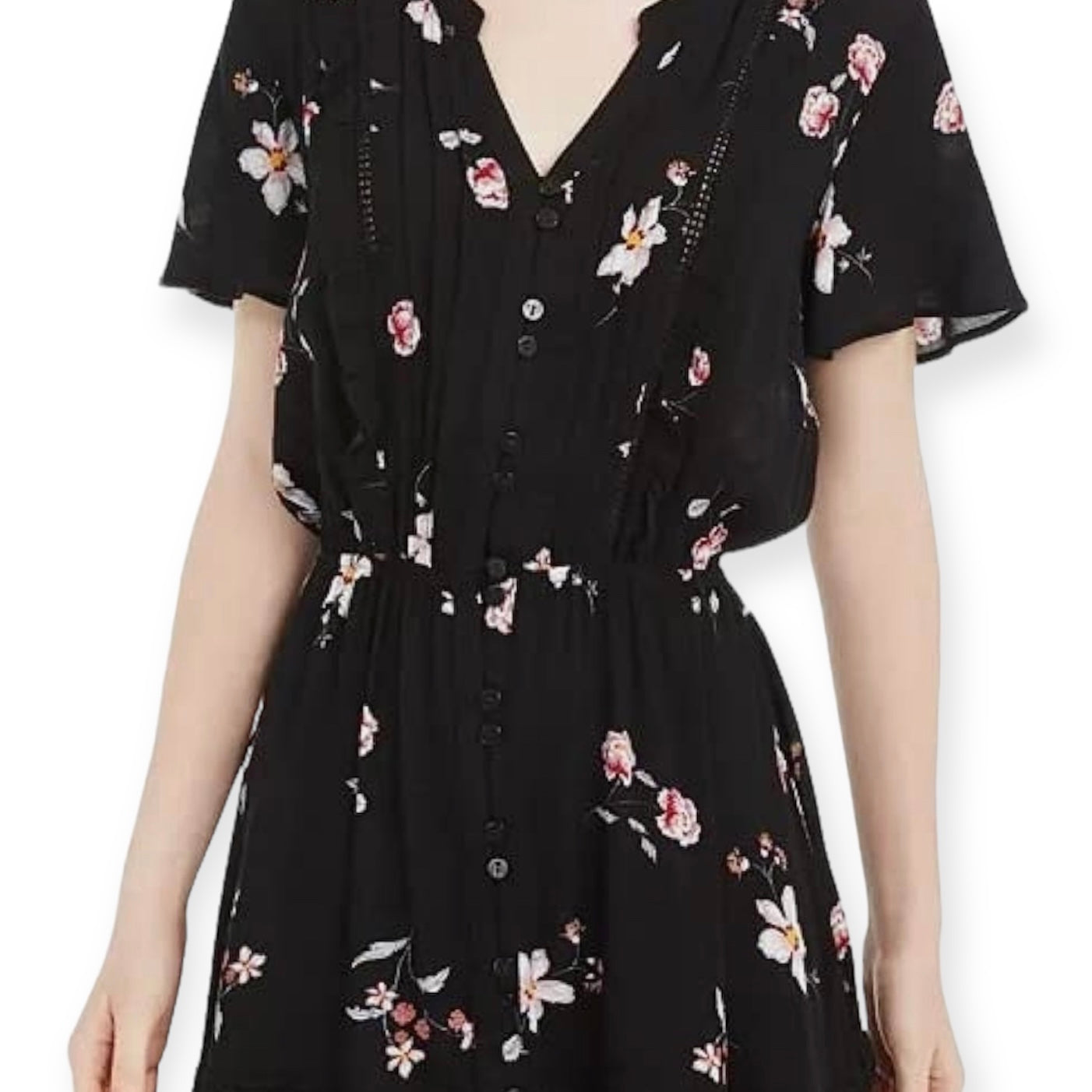Black Floral Fit & Flare Split Neckline Short Sleeve Size M Women's Dress