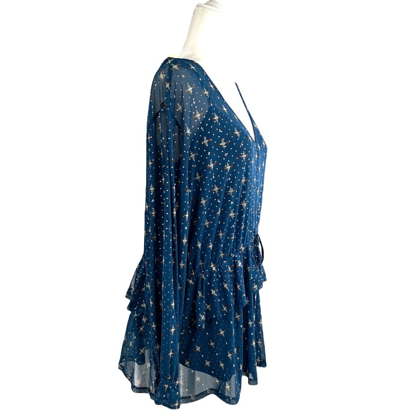 Plus Size Ruffle-Front Mesh Top Blue Long Sleeve Women's Blouses