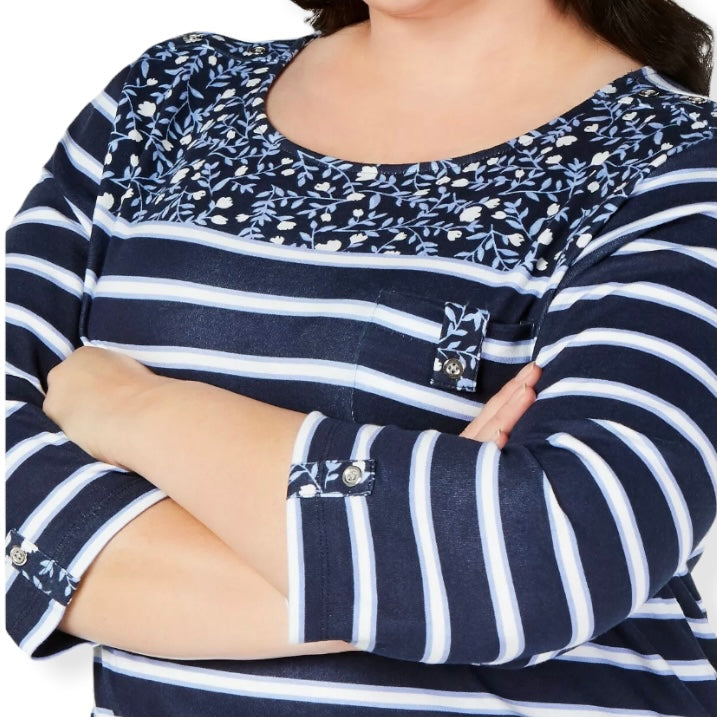 Blue/White Stripes ¾ Sleeve Plus Size Women's Sweaters