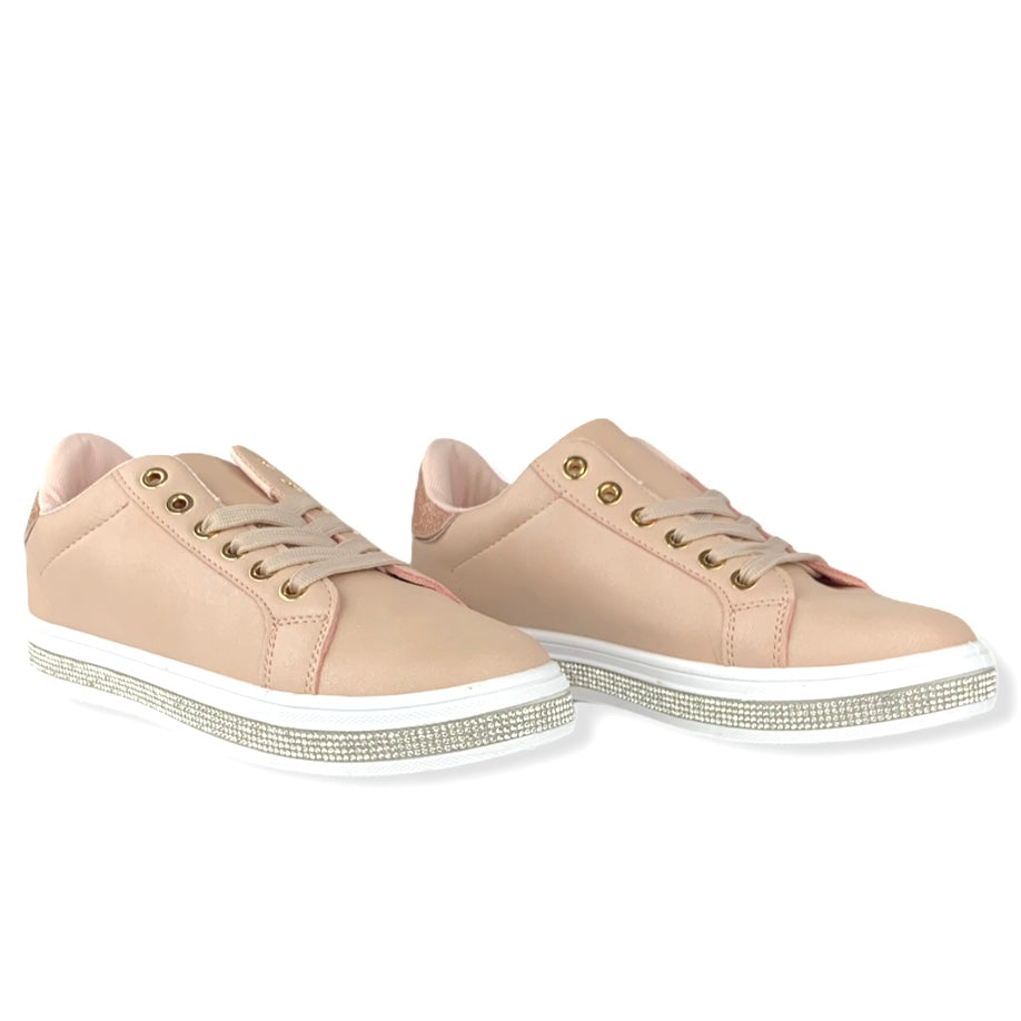 Pink/Rhinestone Faux Leather Lace-Up Size 7 Women's Sneakers
