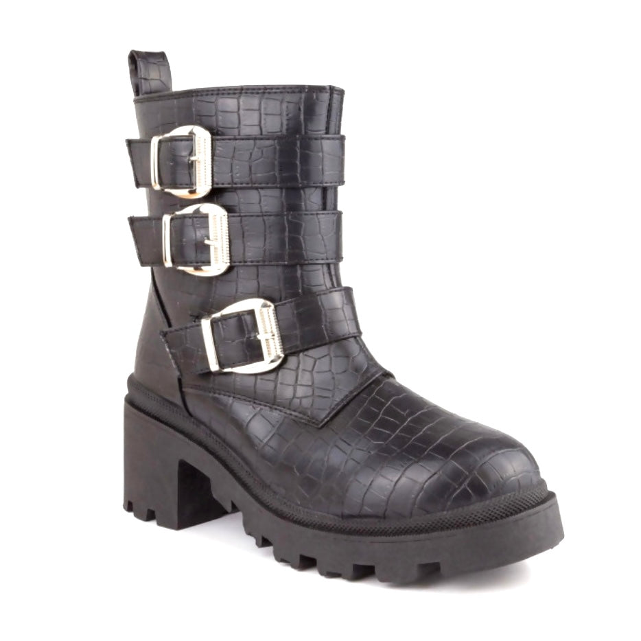 FILO Black Croc Block Heels Round Toe Size 9.5M Women's Combat Boots