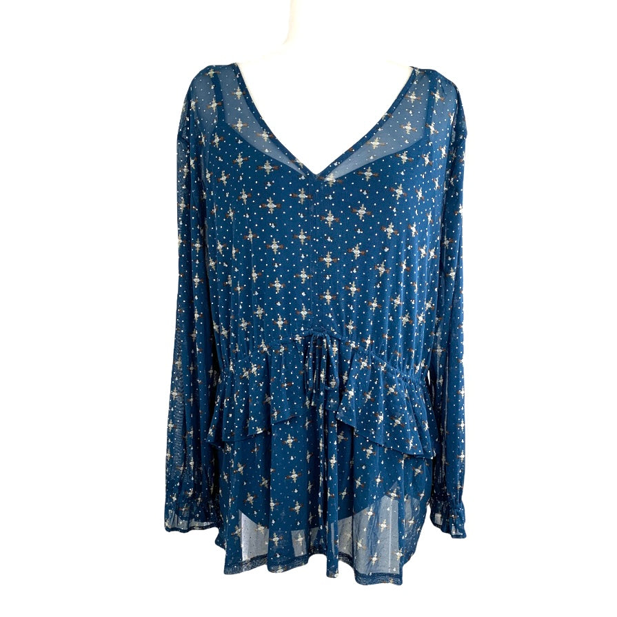 Plus Size Ruffle-Front Mesh Top Blue Long Sleeve Women's Blouses