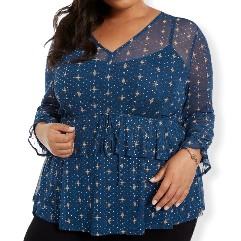 Plus Size Ruffle-Front Mesh Top Blue Long Sleeve Women's Blouses