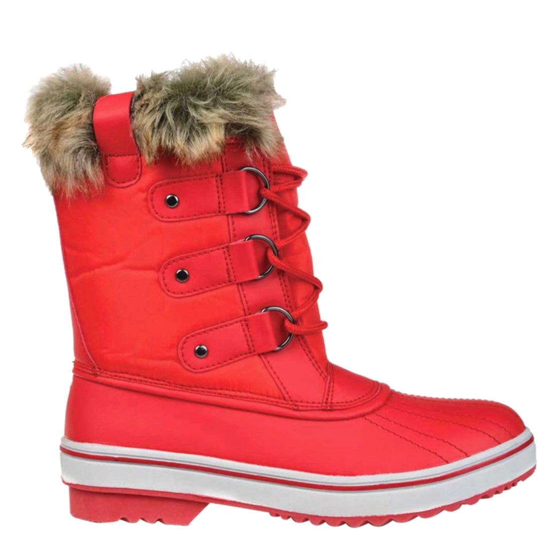 North Red Nylon Faux Fur Lace Up WaterProof Duck Women's Snow Boots