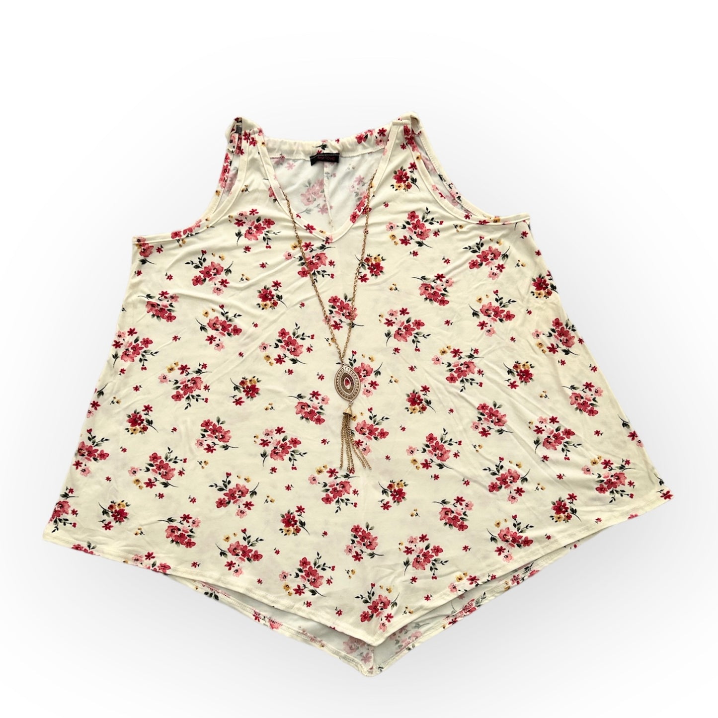 Ivory/Floral Print Necklace Sleeveless Loose Tops Women's Blouse