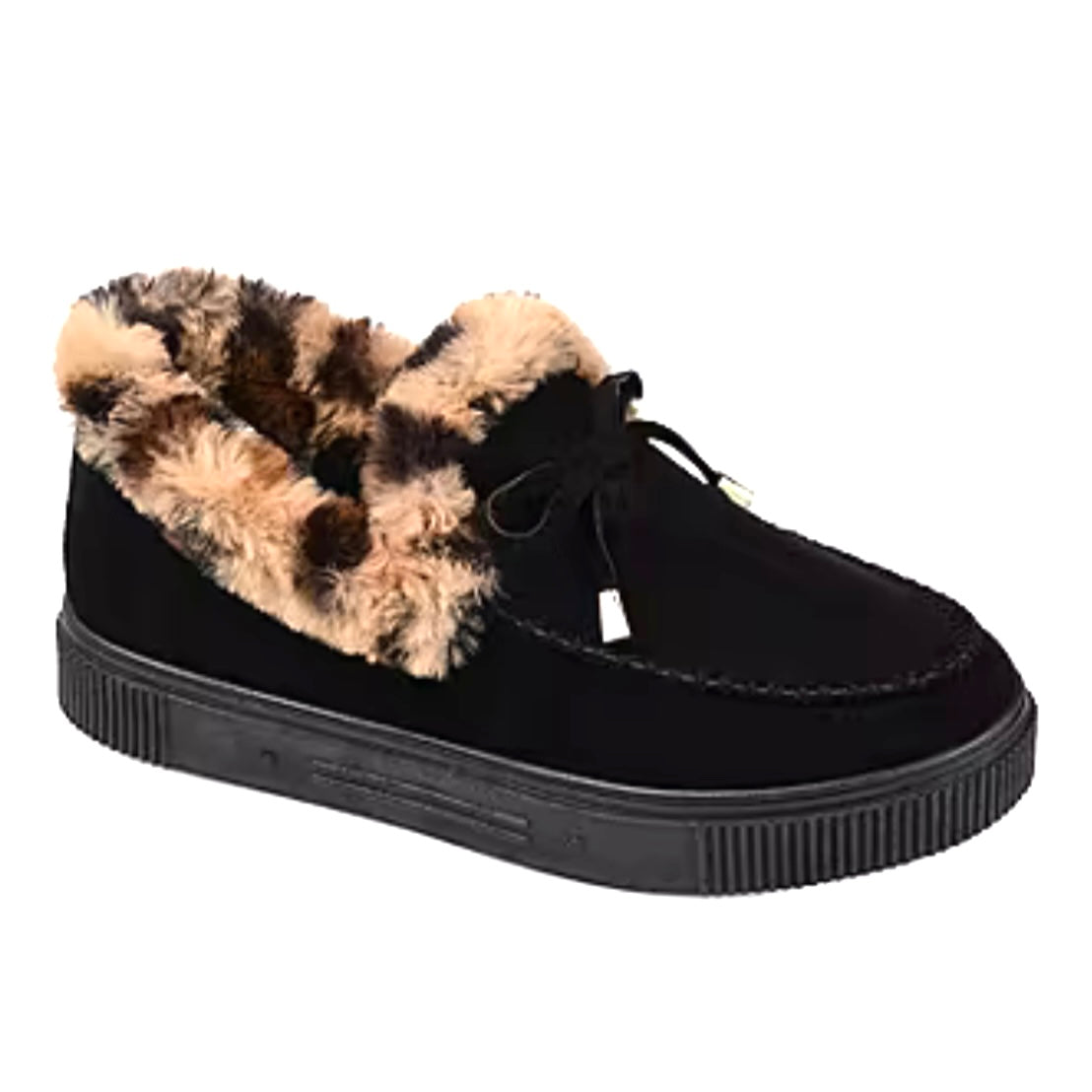 MIDNIGHT Comfort Black/Leopard Suede Round Toe Slip On Women's Slippers