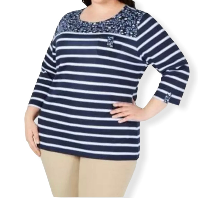 Blue/White Stripes ¾ Sleeve Plus Size Women's Sweaters