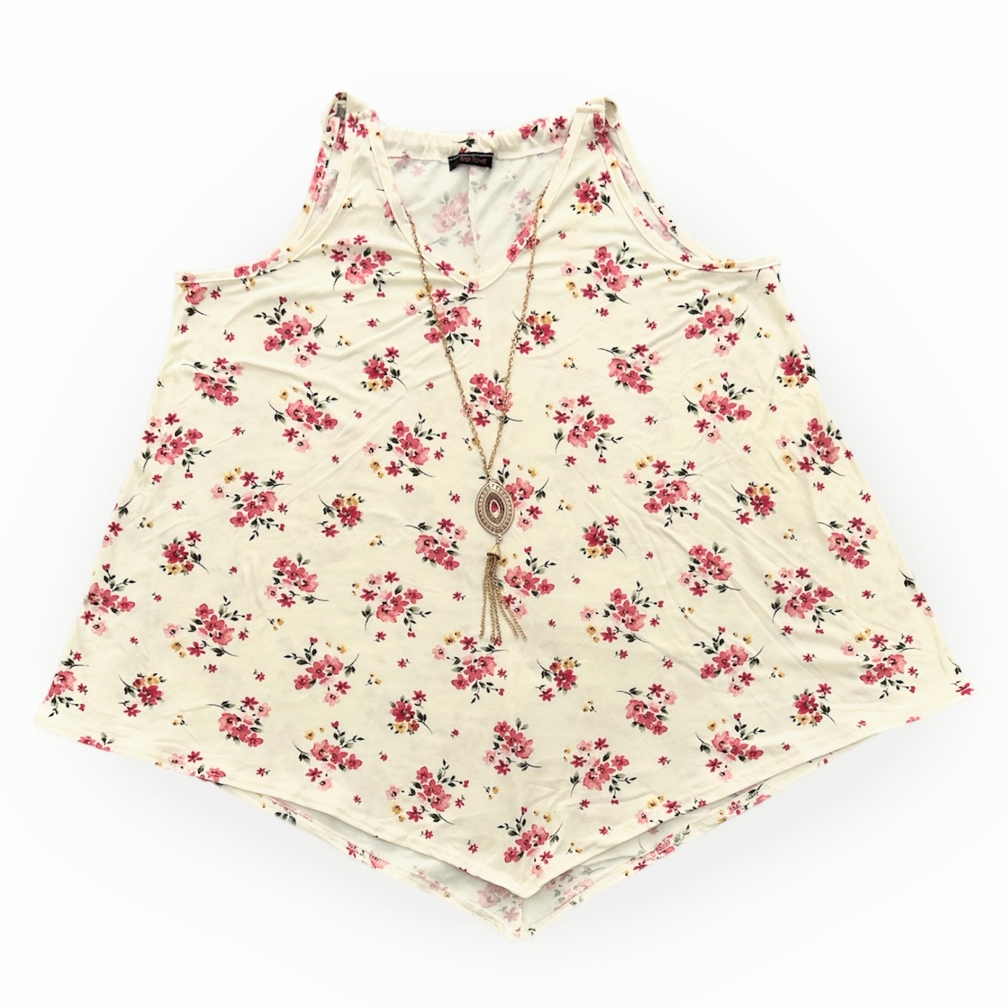 Ivory/Floral Print Necklace Sleeveless Loose Tops Women's Blouse