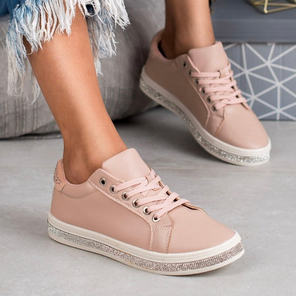 Pink/Rhinestone Faux Leather Lace-Up Size 7 Women's Sneakers