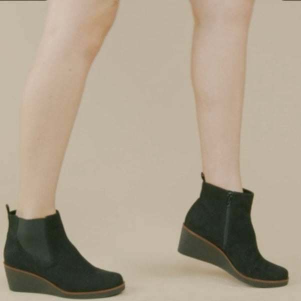 BRANDI Black Zip Up Slip On Booties Wedge Heels Women's Ankle Boots