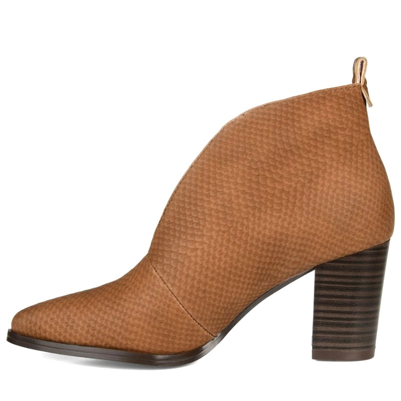 BELLAMY Tan Pull On Block Heel Almond Toe Booties Women's Ankle Boots
