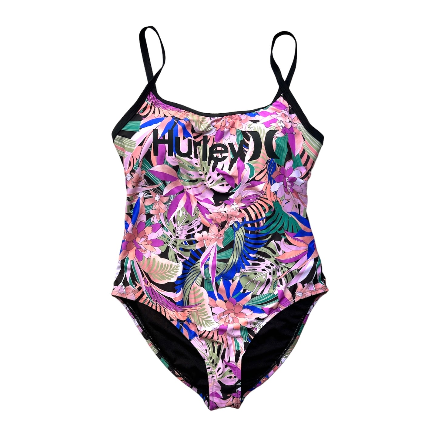 Multicolor Leaves Print One-Piece Square Neck Size 1X Women's Swimwear