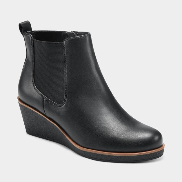 BRANDI Black Zip Up Slip On Booties Wedge Heels Women's Ankle Boots